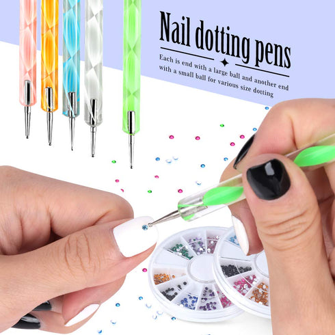 Teenitor Nail Art Brushes,3D Nail Art Paiting Polish Design Kit with 15 Nail Gel Brushes, Nail Dotting Pen 5pcs, 12 Colors Nail Rinestones 10 Adhe...