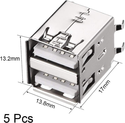 uxcell PCB USB Connector Type-A Dual Port Female Jack Vertical Four Bend Foot 5pcs...