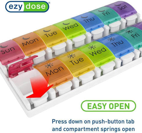 EZY DOSE Weekly (7-Day) Pill Case, Medicine Planner, Vitamin Organizer, 2 Times a Day AM/PM, Removeabale Trays, Large Push Button Compartments, Ea...