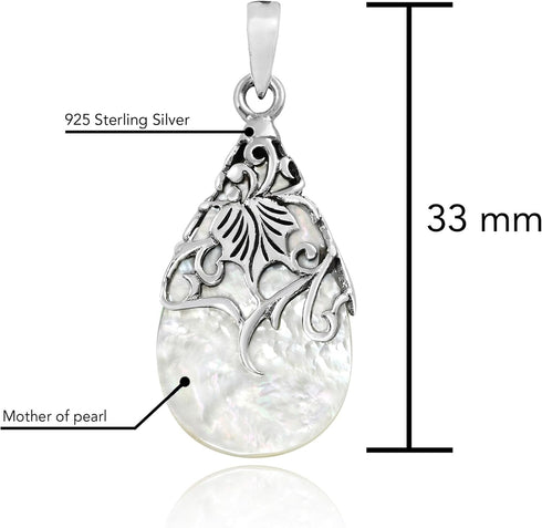 AeraVida Vintage Vine Adorned White Mother of Pearl Teardrop .925 Sterling Silver Pendant | DIY Pearl Pendant for Women | Teardrop Charm...