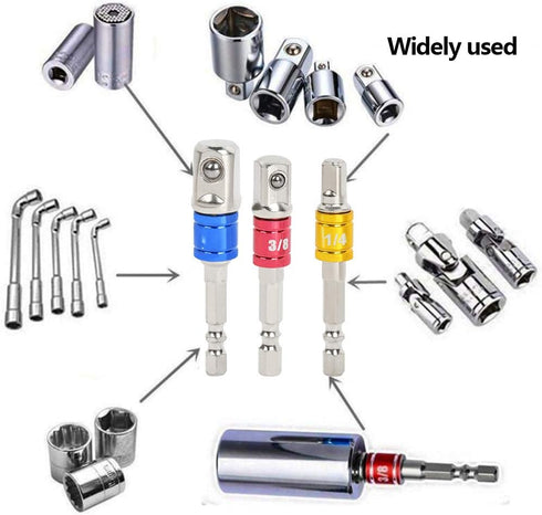TIMESETL 3Pcs 1/4" 3/8" 1/2" Cr-V Hex Shank Impact Grade Socket Adapter Extension Set & 105° Right Angle Drill Bit Adapter Attachment 1/4" Drive 6...
