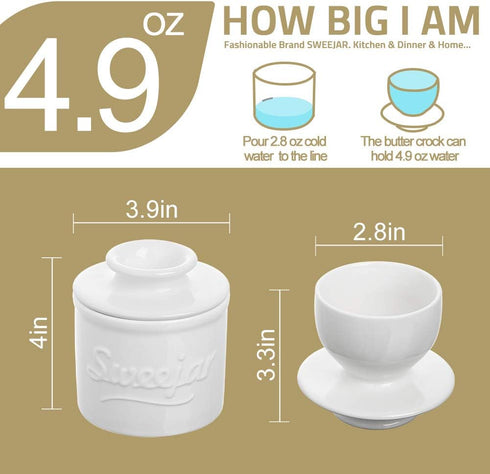 Sweejar Porcelain Butter Crock Keeper, French Butter Dish Keeps the Butter Fresh Soft & Spreadable, Serving Butter Easy for Bread Lovers Breakfast...