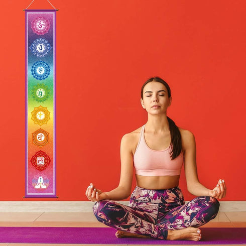 Funnytree 12"x71" Large Yoga Tapestry Meditation Studio Room 7 Chakra Mandala Hanging Banner Wall Poster Door Decor Porch Sign Indoor Outdoor Dura...