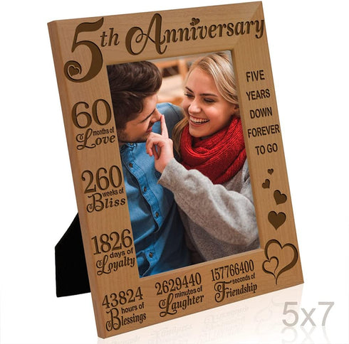KATE POSH 5th Anniversary Engraved Natural Wood Picture Frame and Gifts, 5th Wood Wedding Anniversary (5x7-Vertical)...