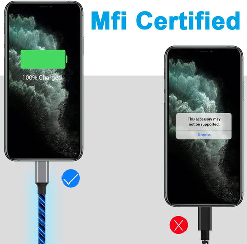 iPhone Charger Cable, MFi Certified 6ft LED Light Up Visible Lightning Charger Charging Cord Compatible with iPhone12 Plus/XS/XR/X /8 Plus / 8/7 P...