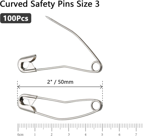 100Pcs Curved Safety Pins Size 3, 2" / 50mm Quilting Basting Pins, Bent Safety Pins for Quilting and Knitting (Sliver)...
