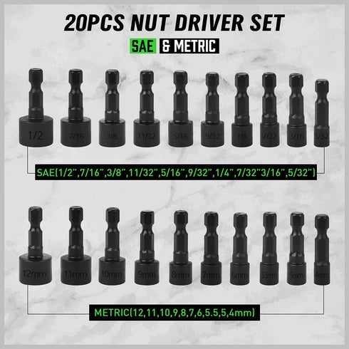 SWANLAKE 20PCS Power Nut Driver Set for Impact Drill, 1/4” Hex Head Drill Bit Set SAE and Metric...