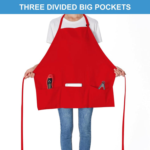 2 Pack 3 Pockets 100% Cotton Adjustable Bib Apron Chef Kitchen Cooking Aprons for Women Men, Red...
