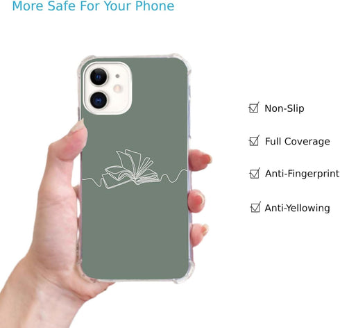 Books Line Art Case Compatible with iPhone 12 and iPhone 12 Pro, Green Minimalist Aesthetic Case for iPhone 12 and iPhone 12 Pro, Trendy TPU Bumpe...