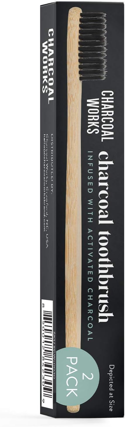 Charcoal Works Adult Charcoal Infused Bamboo Toothbrush, Natural, Pack of 2...
