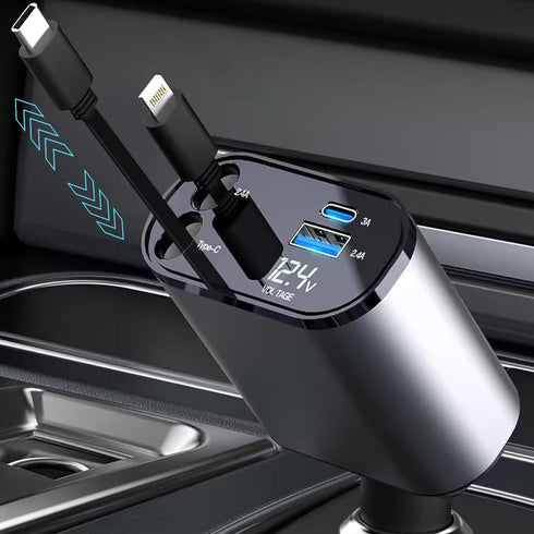 Retractable Car Charger Fast Charging - 66W 4-in-1 USB C Car Phone Charger Cigarette Lighter Adapter Car Charger Compatible with iPhone 15 14 13 1...