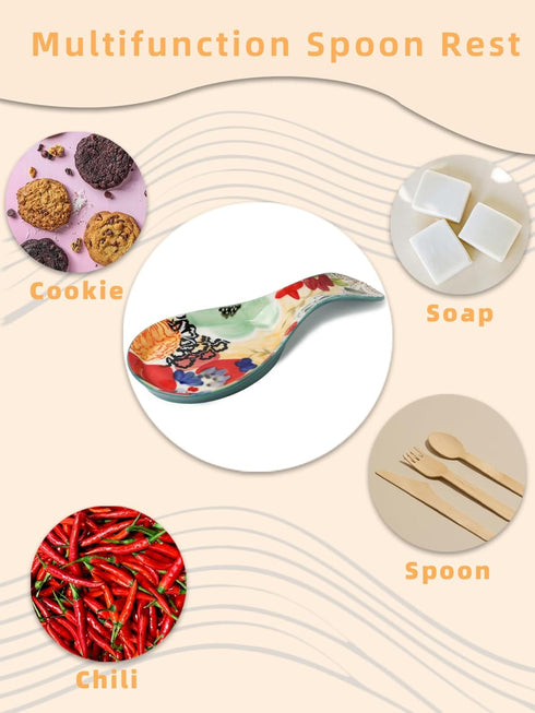 Colorful Hand Painted Spoon Rest Ceramic Large Spoon Holder for Kitchen Counter Stove Top, Dishwasher Safe, Multicolor (1 Pack)...