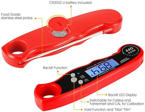 Instant Read Meat Thermometer Waterproof Thermometer with Large Backlit LCD Calibration and Backlight Functions Thermometer for BBQ. Meat. Tea. Mi...