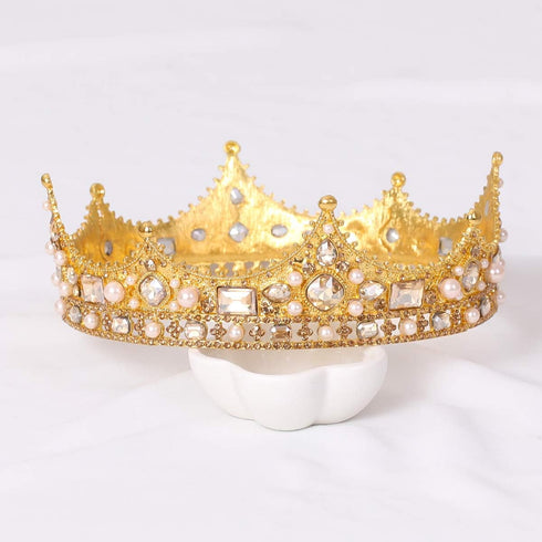 FORSEVEN King Crown for Men Crystal Pearl Wedding Tiaras Birthday Party Round Crowns...