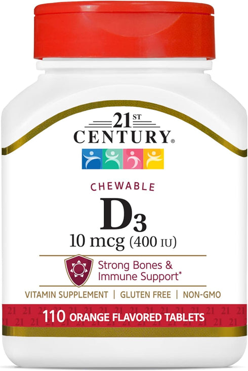21st Century D3 400 IU Orange Chewable Tablets, Gluten free, 110 Count (Pack of 3)...