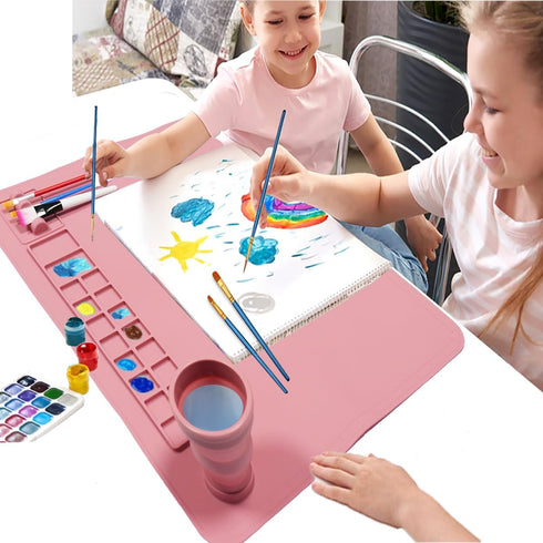 Silicone Painting Mat with Cup and Palette Removable, 20"X16" Thick Silicone Art Mat for Craft with Raised Edge, Artist Creator Mat Silicone for R...