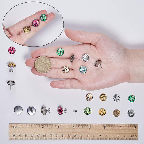 SUNNYCLUE 1 Box 130Pcs DIY 20 Pairs Leopard Stud Earrings Making Starter Kit 4 Color 12mm Flat Back Druzy Resin Cabochons & Blank Stud Bezel Earri...
