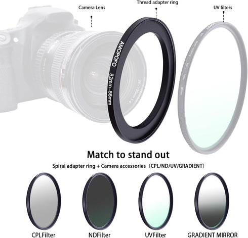 82mm Lens to 86mm Camera Filter Ring,Compatible with All 82mm Camera Lens & 86mm UV,ND,CPL Lens Hood Accessories,Made of CNC Machined Aluminum(82-...