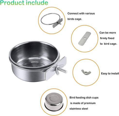 kathson Stainless Steel Bowls for Birds,4 Pcs Parrot Feeder Dish Cups,Bird Cage Water Food Bowl Coop Cup with Clamp Holder for Parrots Cockatiel B...