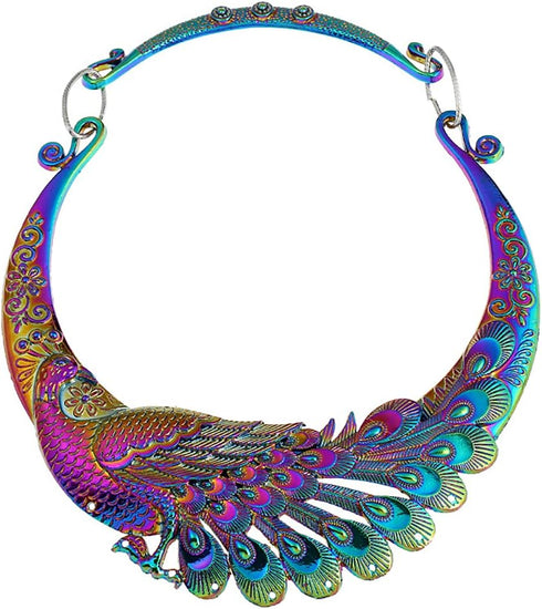 Vintage Ethnic Carved Peacock Necklace Chunky Collar Choker Jewelry Necklace for Women...