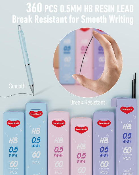 6PCS 0.5mm Mechanical Pencils Set Pastel Mechanical Pencils with 360PCS HB Lead Refills, 3 Erasers, 9 Erasers Refill Aesthetic School Supplies for...
