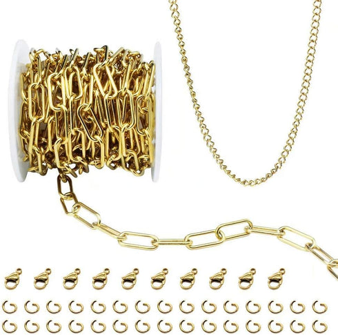 16.4 Feet (7mmX17mm) 18K Gold Plated Stainless Steel Chain Oval Paperclip Link Chains Bulk with Jump Rings Lobster Clasps Extender Chain for DIY J...