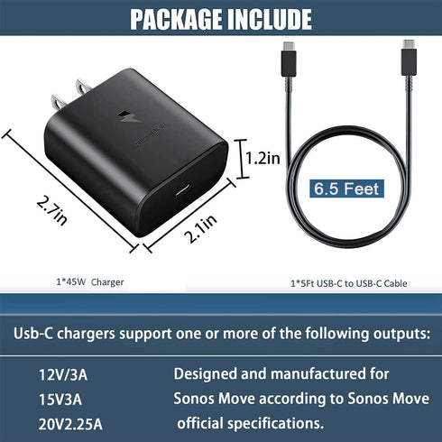 45W Charger for Sonos Move Bluetooth Speaker Compatible with Sonos Move USB Type C Wall Travel Charger (6.5Ft)...