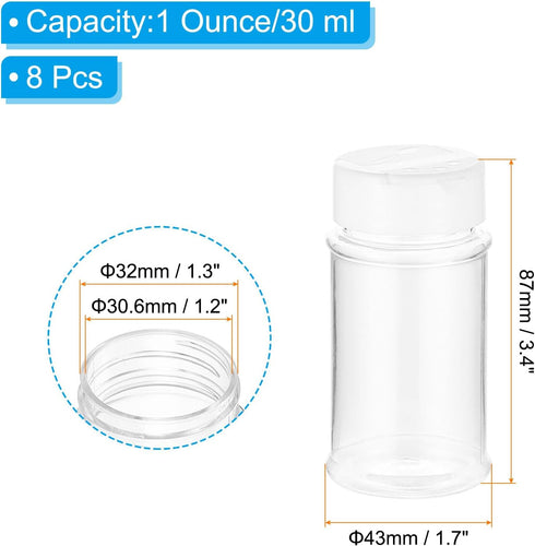 PATIKIL 1oz Plastic Spice Jars with Shaker Lids, 8 Pcs Refillable Empty Seasoning Containers Bottle with White Cap for Storing Spice Salt Herbs Se...