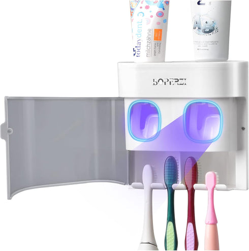 Boperzi Toothbrush Holder Wall Mounted Toothpaste Dispenser Gray Dustproof Cover for Shower Bathroom Set with 2 Toothpaste Squeezers (Not Electric...