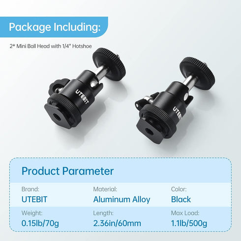 12MM Tripod Ball Head, UTEBIT 360° Rotatable Metal Mini Ball Head with 1/4" hot Shoe, BallHeads Camera Mount Adapter for Sport Camera, Pocket Ligh...