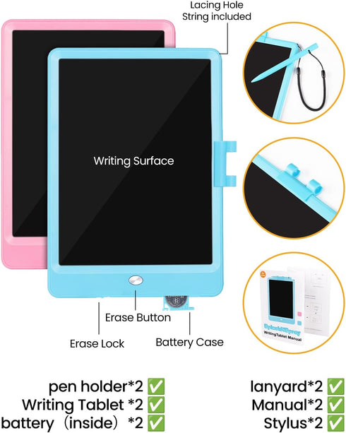 Drawing Tablet, 2pack Lcd Writing Tablet for Kids, Colorful Toddler Doodle Board, Erasable Reusable Electronic Drawing Pads, Educational and Learn...
