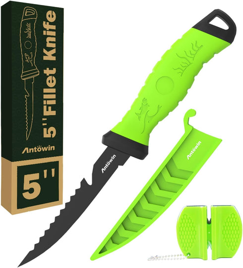 ANTOWIN 5 Inch Fishing Fillet Knife, Professional Level Knives for Filleting Fish and Boning Meat, Sharp Stainless-Steel Non-Stick Coating Blade, ...