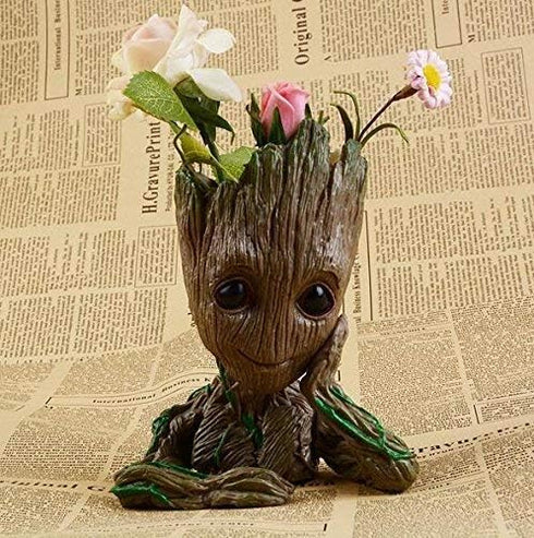 Baby Groot Pen Pot Tree Man Pens Holder or Flower Pot with Drainage Hole Perfect for a Tiny Succulents Plants 6" (Grayish Brown)...