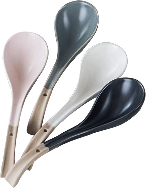 Ramen Spoons, Ceramic Asian Soup Spoon, Japanese Spoons for Kitchen, Pho, Dumpling, Noodles, Wantan, Miso, No slip into soup - 6.6 Inch, Mix clolo...