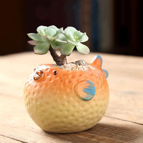 Cute Animal Ceramics Planter, Big-bellied Pufferfish Cartoon Succulent Pot Small Plant Pot for Mini Plants Flower Cactus-Plants Not Included...