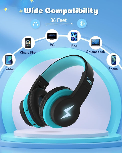 seenda Kids Bluetooth Headphones Boys, Kids Wireless Headphones Over Ear Headset with 85dB/94dB Volume Limited, 45H Playtime, 3 Lighting Modes, Bu...
