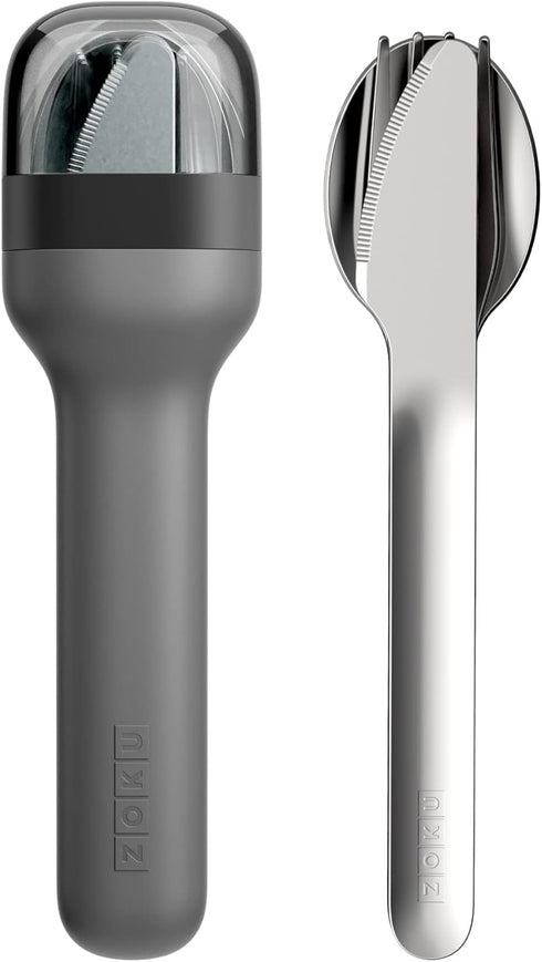 ZOKU Pocket Utensil Set, Charcoal - Stainless Steel Fork, Knife, and Spoon Nest in Hygienic Case - Portable Design for Travel, School, Work, Picni...