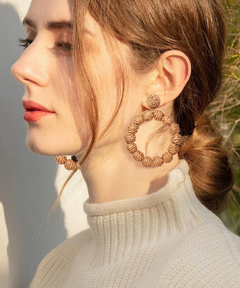 Rattan Earrings Rattan Ball Hoop Dangle Earrings for Women Handmade Bohemia Earrings Braid Straw Wicker Raffia Earrings Summer Beach Accessory Gif...