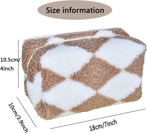 3pcs Checkered Plush Makeup Bag Terry Cloth Cosmetic Bag Zipper Travel Toiletry Bag Organizer Soft Pencil Pouch Case Makeup Brushes Storage Bag fo...
