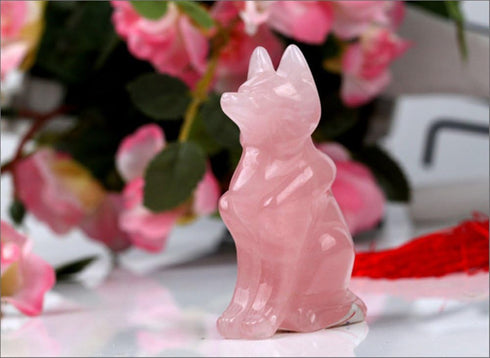 AITELEI Natural Hand Carved Pink Rose Quartz Fox Statue Charm Good Luck Grouding Stone Protection for Home Decora...