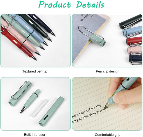 Infinity Pencil,6PCS Inkless Pencil Inkless Magic Pencil with Extra 2 Eraser Reusable Everlasting Pencil with 8 Replaceable Nibs for Writing Drawi...
