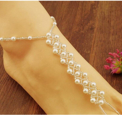 CJESLNA 2PCS(1 Pair) Pearl Barefoot Sandals Beach Wedding Foot Jewelry Anklet Ankle Bridal Bracele...