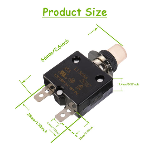 30A Manual Reset Push Button Circuit Breaker 125/250V AC 50V DC Thermal Overload Protector with Quick Connect Terminals and Waterproof Button Caps...