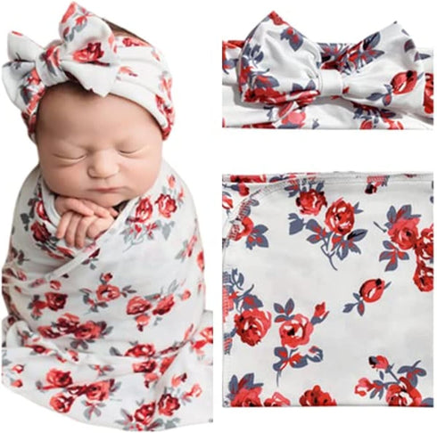 Newborn Swaddle Blanket, Baby Receiving Blanket Wrap with Headband for 0-3 Month Baby Girl and Boy, One Size (Red Floral)...