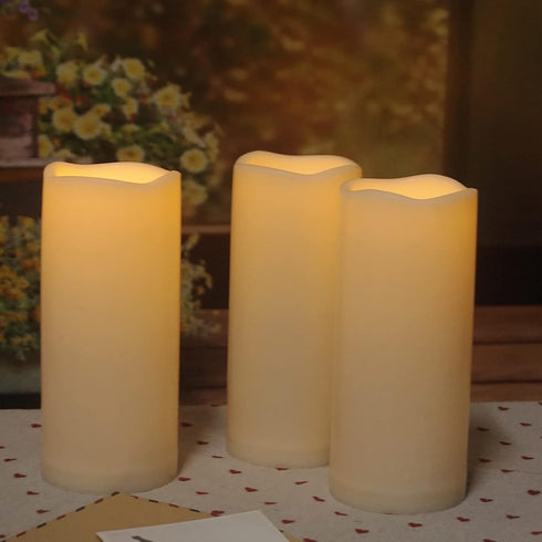 Outdoor Waterproof Candles Battery Operated 3'' x 7'' Flameless Pillar Candle with Timer Flickering Plastic Electric LED Lights for Wedding Party ...