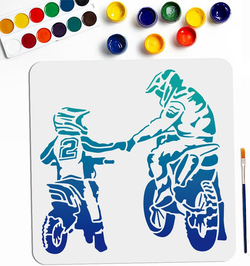 Father and Son Motorcycle off Road Stencil 11.8×11.8inch Large Family Autobikes Painting Stencils with Paint Brush Decorative Happy Father's Day T...