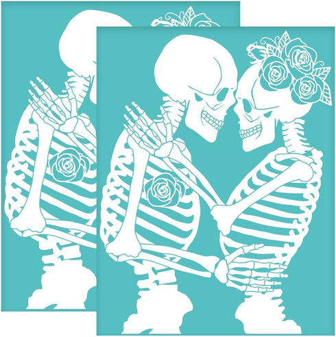 OLYCRAFT 2Pcs 8.6x11 Inch Skeleton Couple Self-Adhesive Silk Screen Printing Stencil Skull Lover Silk Screen Stencil Skull Rose Reusable Mesh Sten...
