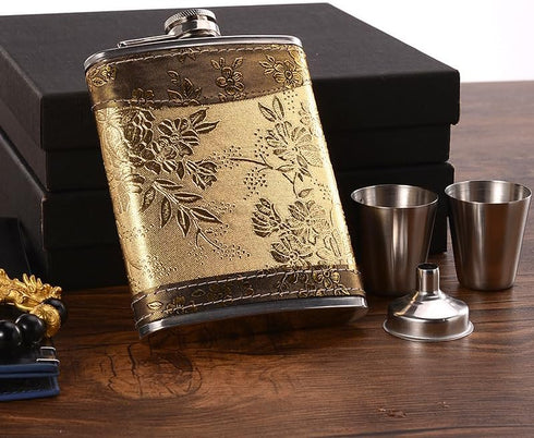 Golden pattern 8 Oz Gift 100% Stainless Steel(304/18-8 SS).Bonus 2 Shot Glass+1Funnel+1Giftbox.Flask Leak Proof Tested.Flask for Liquor/Alcohol.Fl...