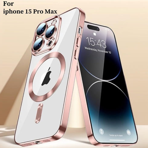 Magnetic Case for iPhone 15 Pro Max Phone. TPU Shockproof Electroplated Bumper, Camera Lens Protector, Waterproof Transparent Case., Rose Gold...