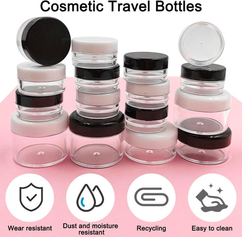 18 Pcs Makeup Travel Containers with Lids 3/5/10/15/ 20 Gram Size Cosmetic Jars with 4 Pcs Mini Spatulas and Dropper, Round Clear Wide-mouth Leak ...
